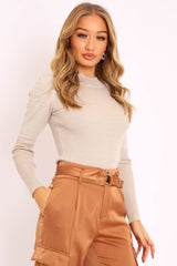 Beige Pleated Shoulder High Neck Jumper - Carmela-Jumper