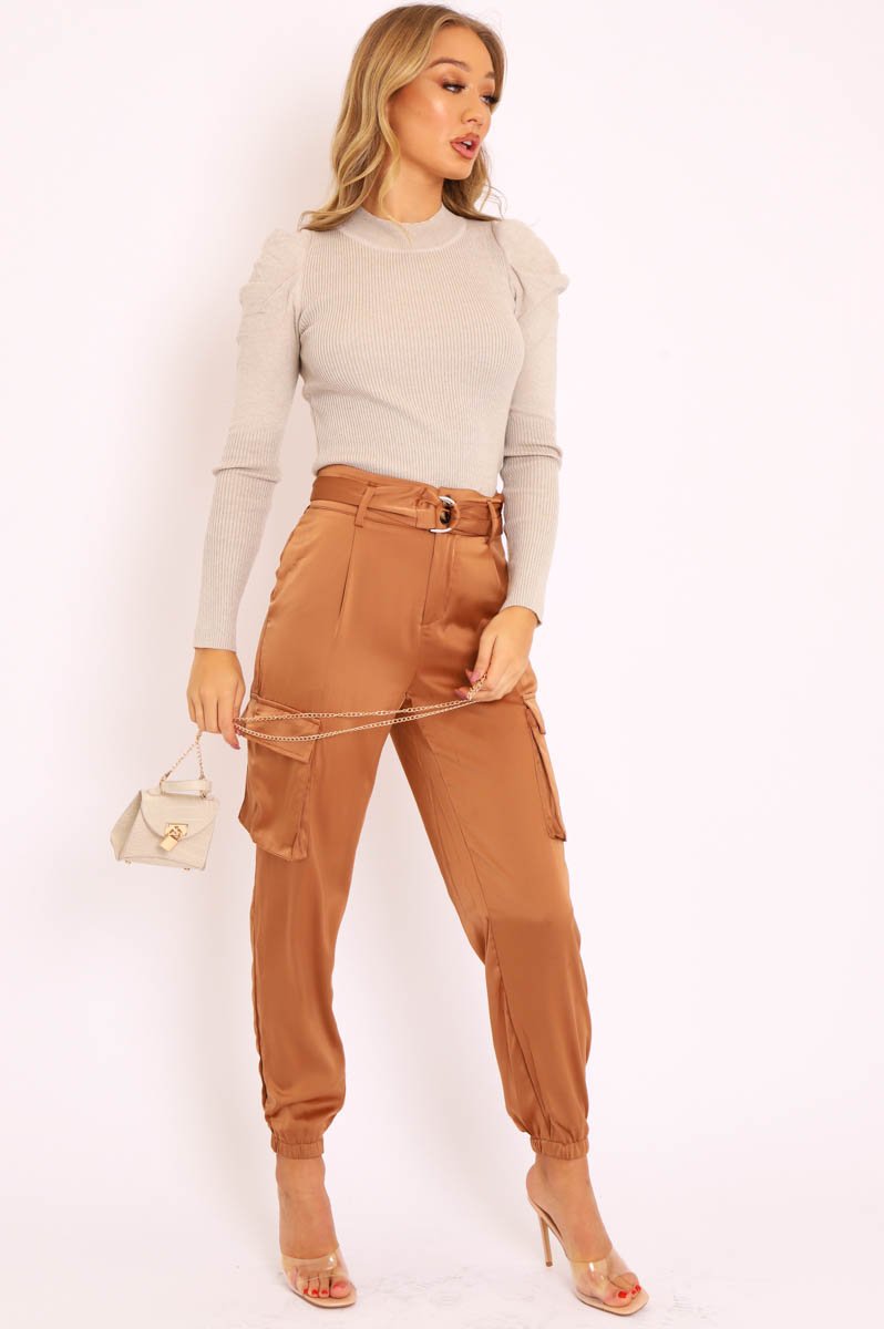 Beige Pleated Shoulder High Neck Jumper - Carmela-Jumper