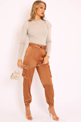 Beige Pleated Shoulder High Neck Jumper - Carmela-Jumper