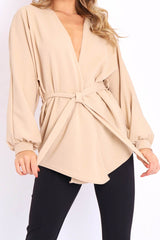 Beige Plunge Belted Blouse - Goldie-Blouse