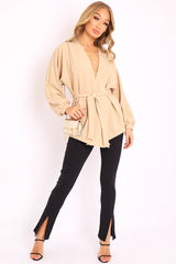 Beige Plunge Belted Blouse - Goldie-Blouse