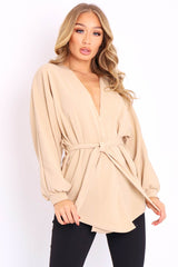 Beige Plunge Belted Blouse - Goldie-Blouse