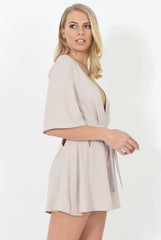 Beige Plunge Cut Out Playsuit - Sally-Playsuits