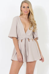 Beige Plunge Cut Out Playsuit - Sally-Playsuits