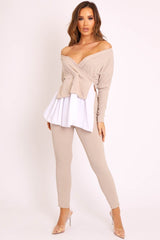 Beige Plunge Shirt Insert Top Legging Co-ord - Destine-Co-ords