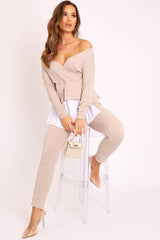 Beige Plunge Shirt Insert Top Legging Co-ord - Destine-Co-ords