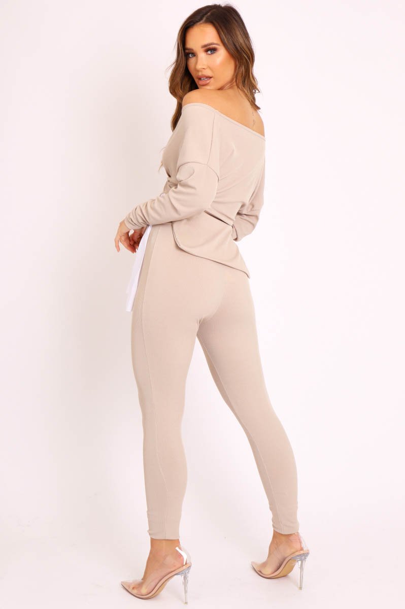 Beige Plunge Shirt Insert Top Legging Co-ord - Destine-Co-ords