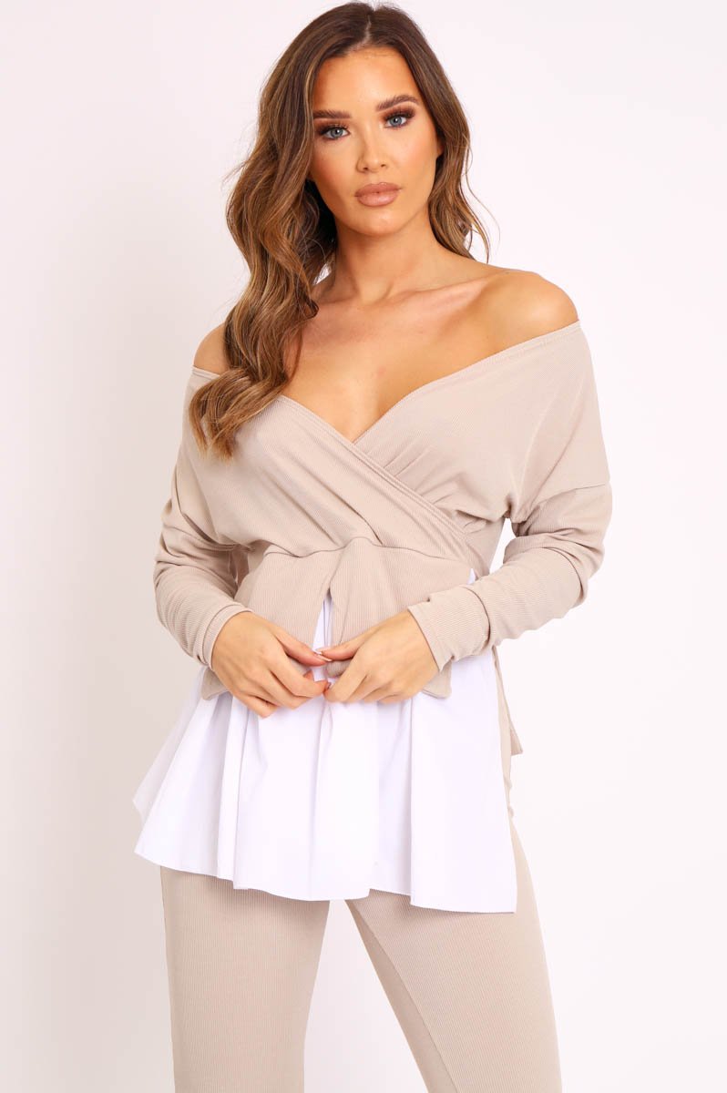 Beige Plunge Shirt Insert Top Legging Co-ord - Destine-Co-ords
