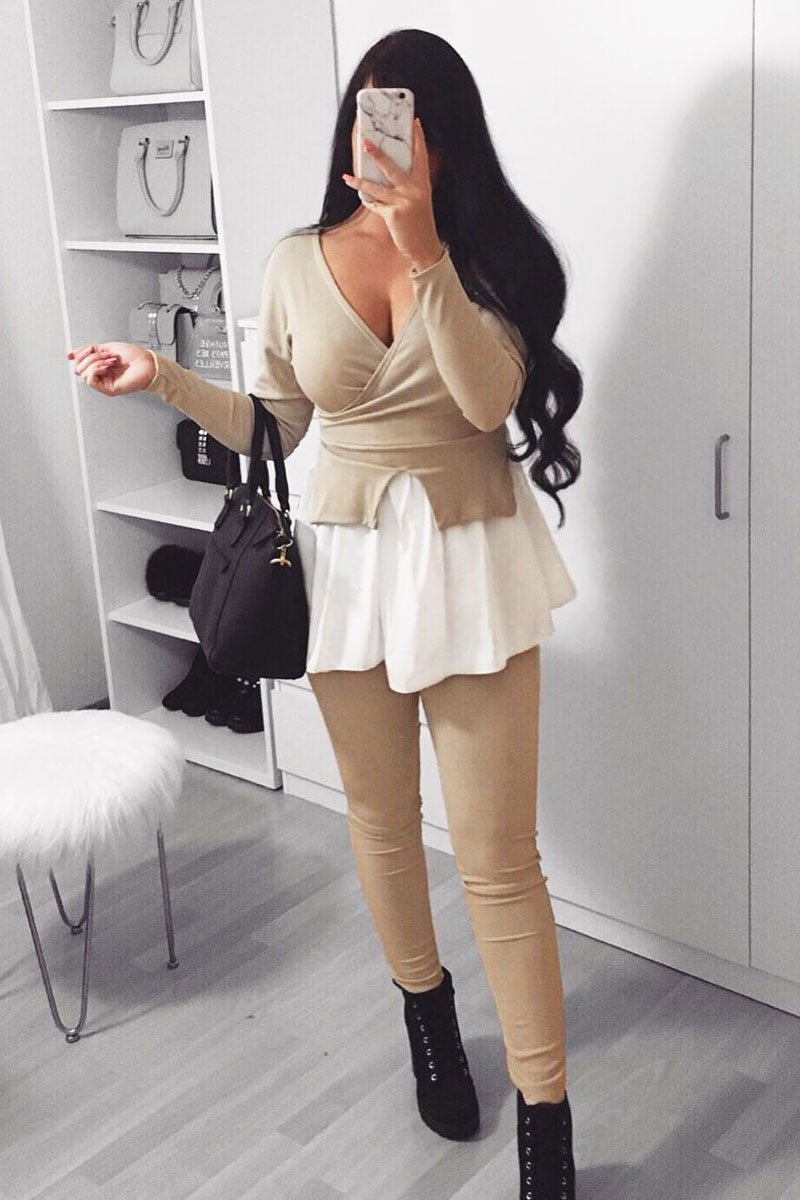 Beige Plunge Shirt Insert Top Legging Co-ord - Destine-Co-ords