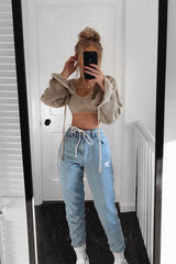 Beige Plunge Sleeve Detail Crop Jumper - Ivree-Crop Jumper