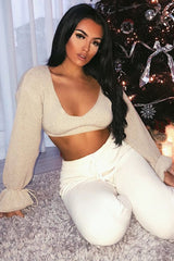 Beige Plunge Sleeve Detail Crop Jumper - Ivree-Crop Jumper
