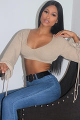 Beige Plunge Sleeve Detail Crop Jumper - Ivree-Crop Jumper
