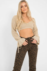 Beige Plunge Sleeve Detail Crop Jumper - Ivree-Crop Jumper