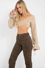 Beige Plunge Sleeve Detail Crop Jumper - Ivree-Crop Jumper