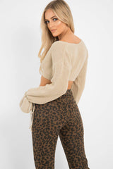 Beige Plunge Sleeve Detail Crop Jumper - Ivree-Crop Jumper