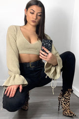 Beige Plunge Sleeve Detail Crop Jumper - Ivree-Crop Jumper