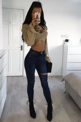 Beige Plunge Sleeve Detail Crop Jumper - Ivree-Crop Jumper