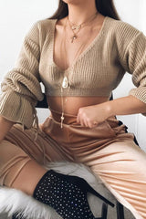 Beige Plunge Sleeve Detail Crop Jumper - Ivree-Crop Jumper