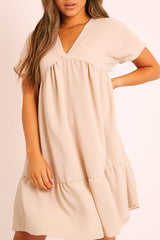 Beige Plunge Smock Dress - Cambriella-Dresses