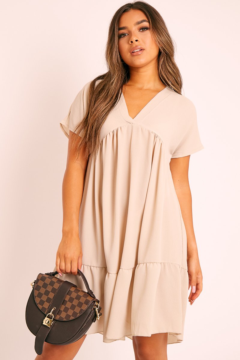 Beige Plunge Smock Dress - Cambriella Rebellious Fashion Beige Plunge Smock Dress - Cambriella Rebellious Fashion