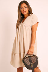 Beige Plunge Smock Dress - Cambriella-Dresses