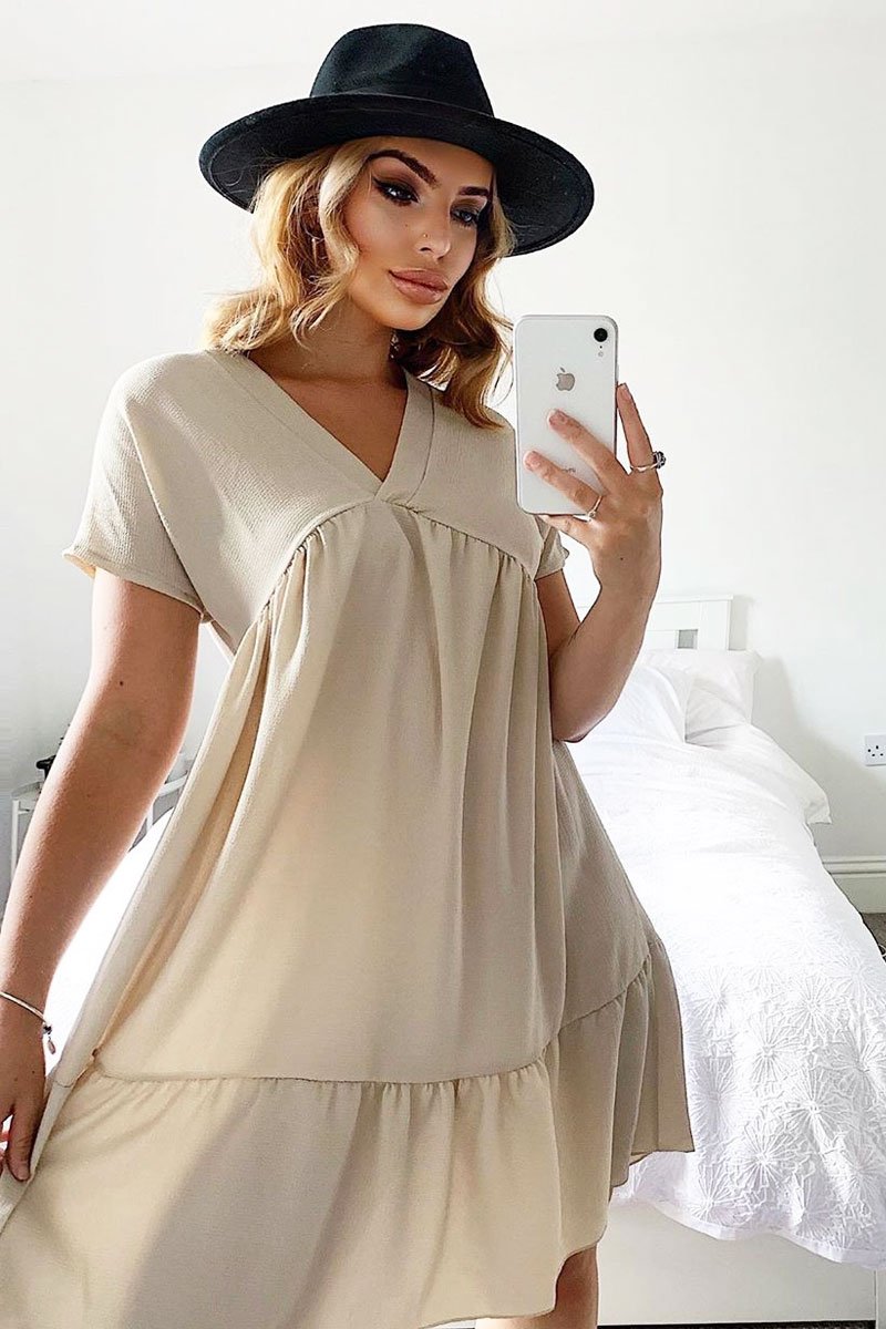 Beige Plunge Smock Dress - Cambriella Beige Plunge Smock Dress - Cambriella
