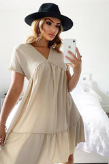 Beige Plunge Smock Dress - Cambriella-Dresses