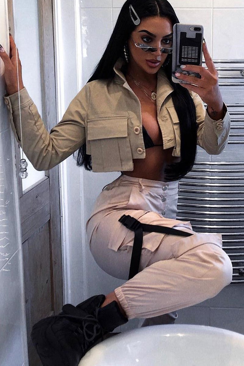 Beige Popper Front Buckle Detail Cargo Trousers - Gabriella-Trousers