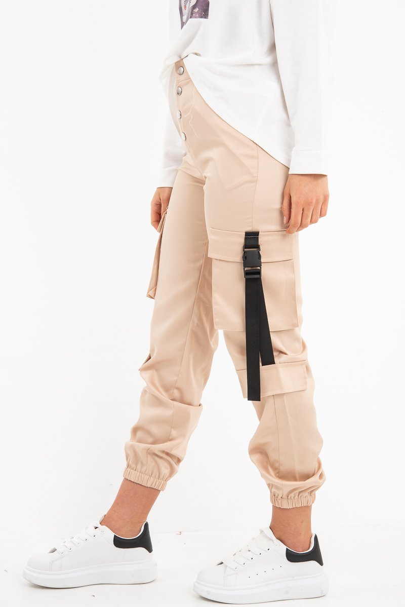 Beige Popper Front Buckle Detail Cargo Trousers - Gabriella-Trousers