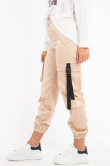 Beige Popper Front Buckle Detail Cargo Trousers - Gabriella-Trousers