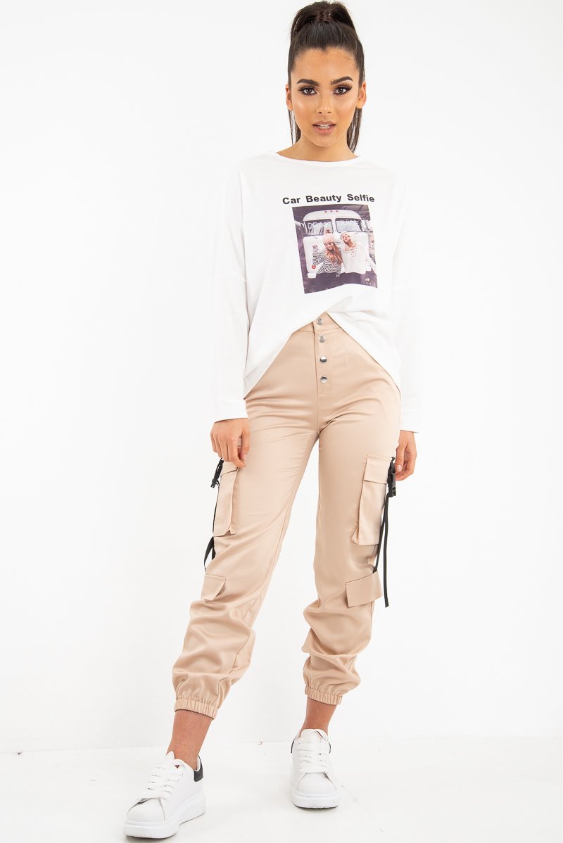 Beige Popper Front Buckle Detail Cargo Trousers - Gabriella-Trousers