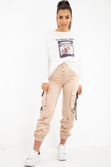 Beige Popper Front Buckle Detail Cargo Trousers - Gabriella-Trousers