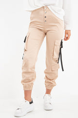 Beige Popper Front Buckle Detail Cargo Trousers - Gabriella-Trousers