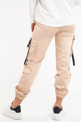 Beige Popper Front Buckle Detail Cargo Trousers - Gabriella-Trousers