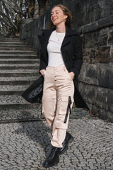 Beige Popper Front Buckle Detail Cargo Trousers - Gabriella-Trousers