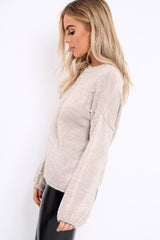 Beige Puff Sleeve Pearl Chunky Knit Jumper - Nancie-Jumper