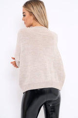 Beige Puff Sleeve Pearl Chunky Knit Jumper - Nancie-Jumper