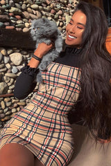 Beige Red Check Square Neck Mini Dress - Kysa-Dresses