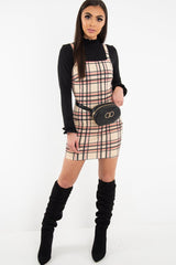 Beige Red Check Square Neck Mini Dress - Kysa-Dresses