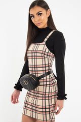 Beige Red Check Square Neck Mini Dress - Kysa-Dresses