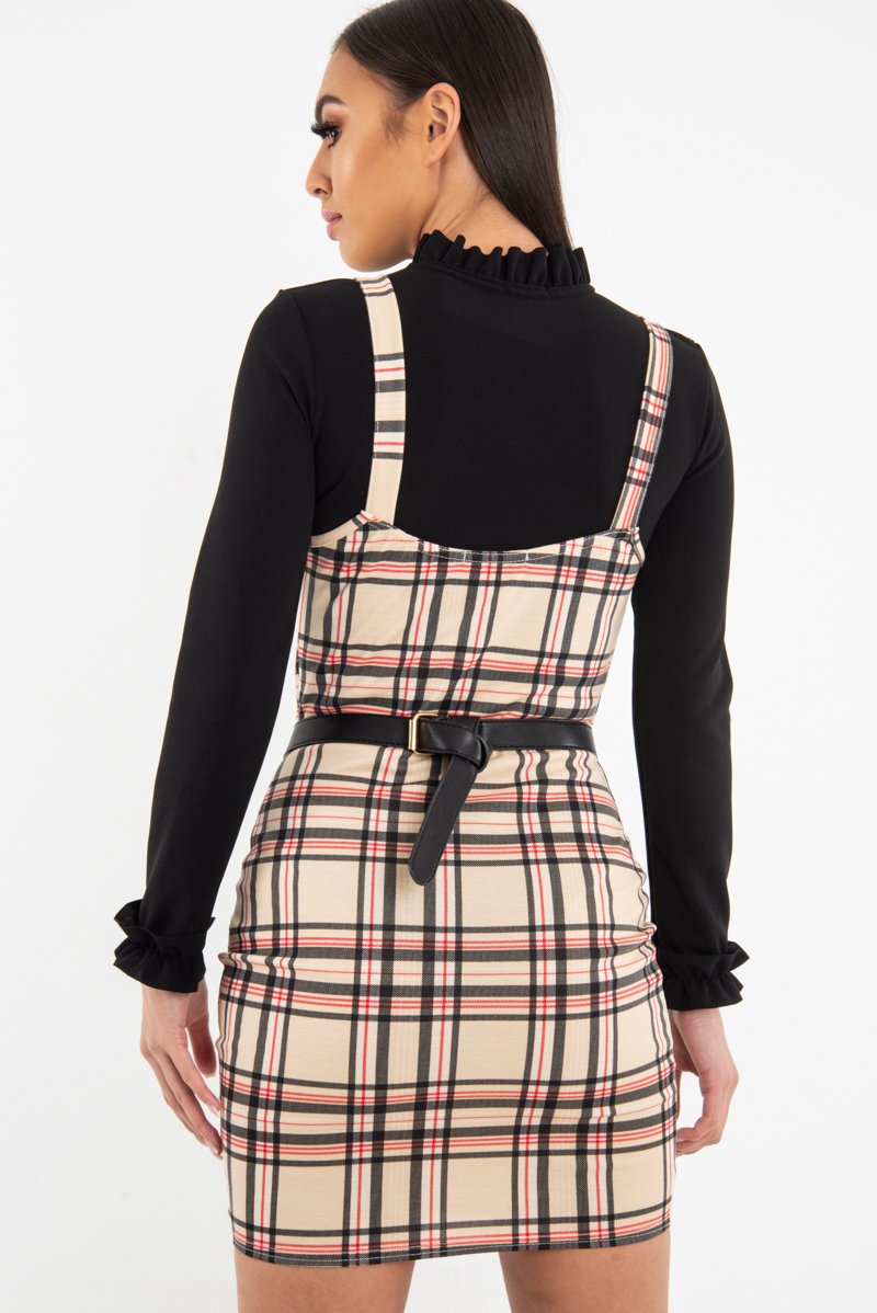 Beige Red Check Square Neck Mini Dress - Kysa-Dresses