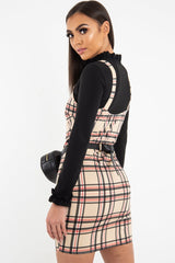 Beige Red Check Square Neck Mini Dress - Kysa-Dresses