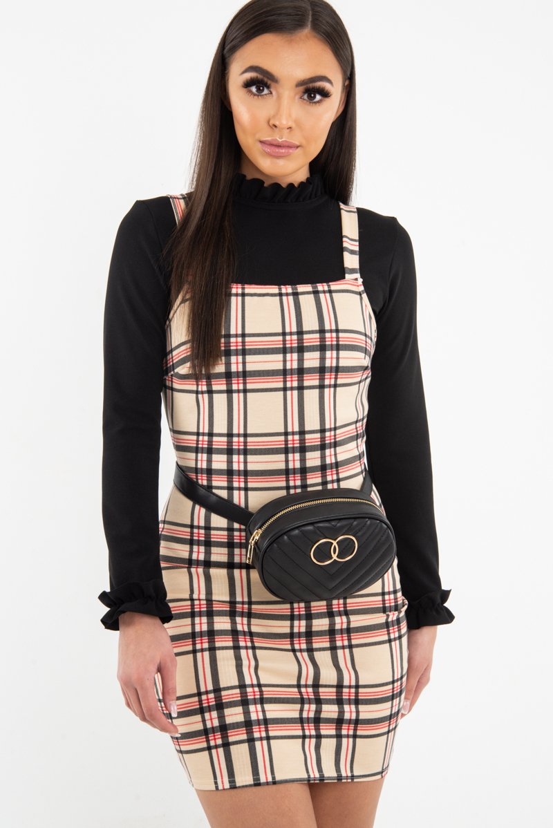 Beige Red Check Square Neck Mini Dress - Kysa-Dresses
