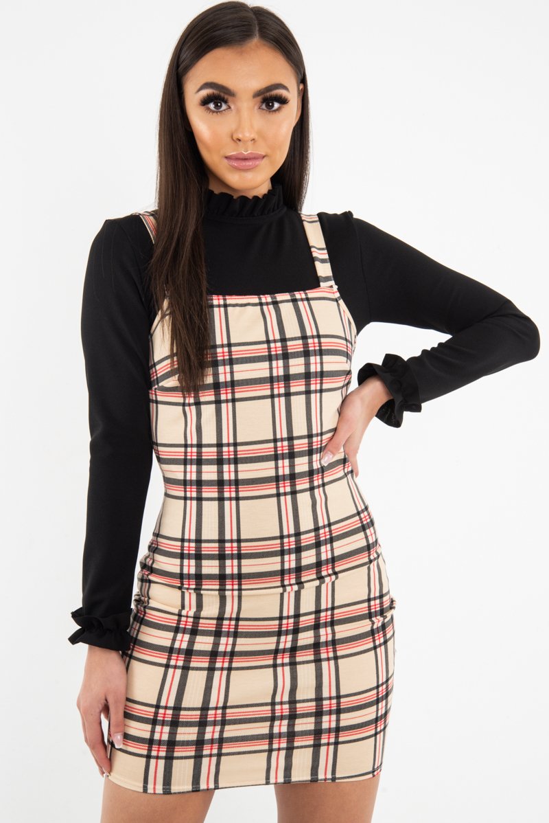 Beige Red Check Square Neck Mini Dress - Kysa-Dresses