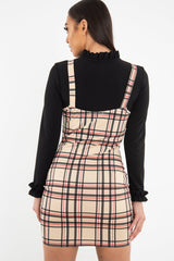 Beige Red Check Square Neck Mini Dress - Kysa-Dresses