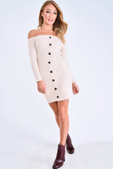 Beige Rib Button Down Mini Dress - Lorenna-Dresses