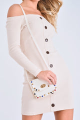 Beige Rib Button Down Mini Dress - Lorenna-Dresses