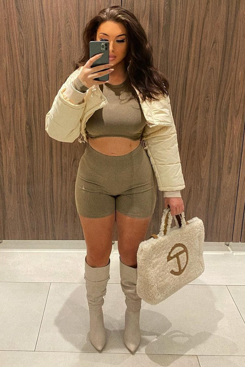 Beige Rib Crop Top & Shorts Set - Zoe
