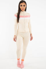 Beige Rib Knit Colour Block Loungewear Set - Jaysie-Loungewear