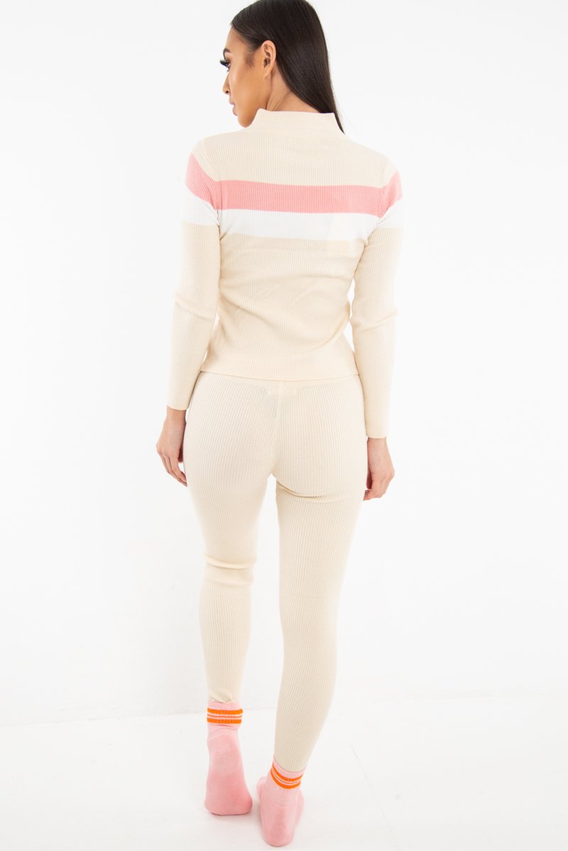 Beige Rib Knit Colour Block Loungewear Set - Jaysie-Loungewear
